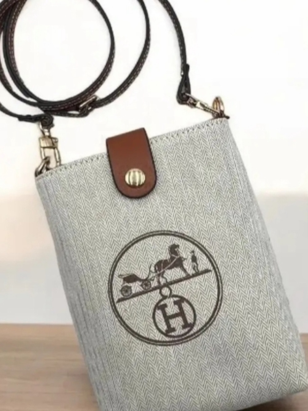Hermes Gray Canvas Phone Holder Crossbody with Brown Leather Trim